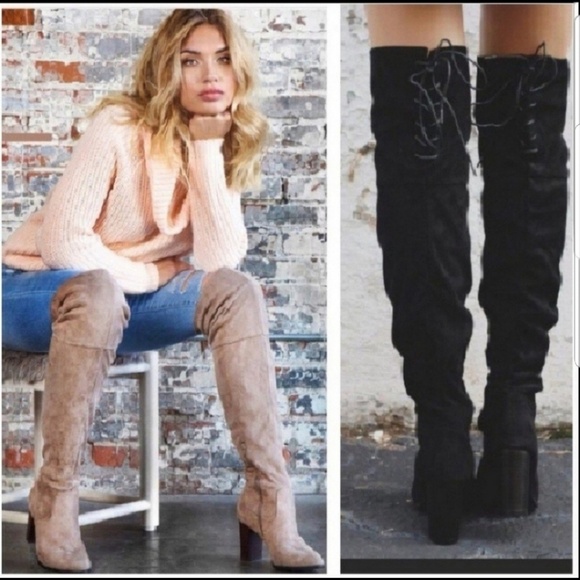 Black Vegan Suede Over the Knee Boots - Picture 2 of 8